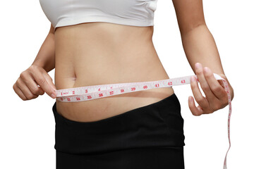Closeup woman body fat overweight by measure tape stomach isolated and white background with clipping path