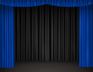 Theater stage with open blue curtains and black drapes on background. Vector realistic illustration of empty scene of theatre, opera, cinema or circus with velvet drapery