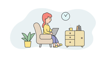 Illustration On White And Blue Background. Linear Vector Composition With Outline Objects And Character. Woman Sitting On Chair Holding Laptop And Working. Home Or Office Interior Behind. Clock, Books