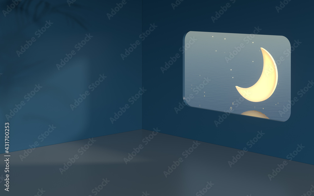 Aufkleber the room with an open window. the moon is outside. 3d rendering.