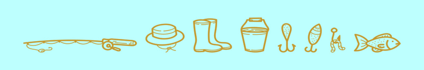 set of fishing tackle cartoon icon design template with various models. vector illustration isolated on blue background