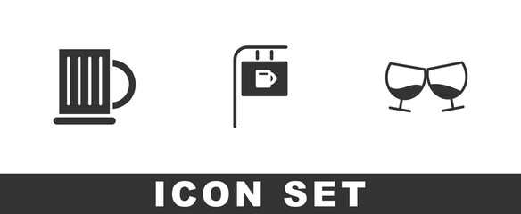 Set Wooden beer mug, Street signboard with Bar and Glass of cognac or brandy icon. Vector