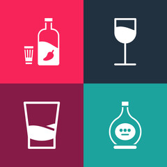 Set pop art Bottle of cognac or brandy, Glass vodka, Wine glass and Vodka with pepper icon. Vector