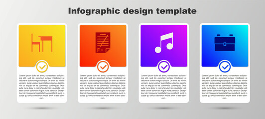 Set School table and chair, Exam paper with incorrect answers, Music note, tone and backpack. Business infographic template. Vector