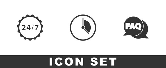 Set Clock 24 hours, Time Management and Speech bubble with FAQ icon. Vector