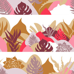 Fototapeta na wymiar Seamless pattern. A print with a hilly landscape in which palm trees, cacti and succulents grow. Botanical tropical garden. Environmental protection. Vector illustration.