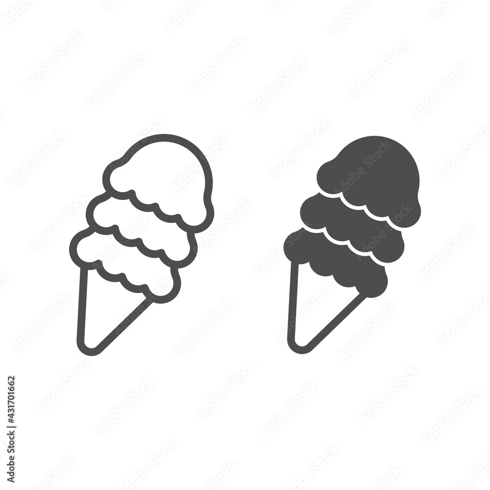 Poster waffle cone with ice cream line and solid icon, ice cream concept, three ice cream balls vector sign