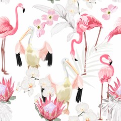 Tropical vintage white palm leaves and pink flowers, pelican flamingo birds floral seamless pattern on white background. Exotic jungle bird wallpaper.