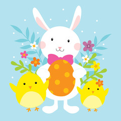 cute easter greeting card with easter bunny and little chicken design