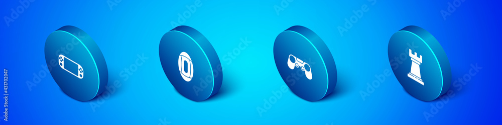 Poster Set Isometric Portable video game console, Gamepad, Business strategy and American Football ball icon. Vector