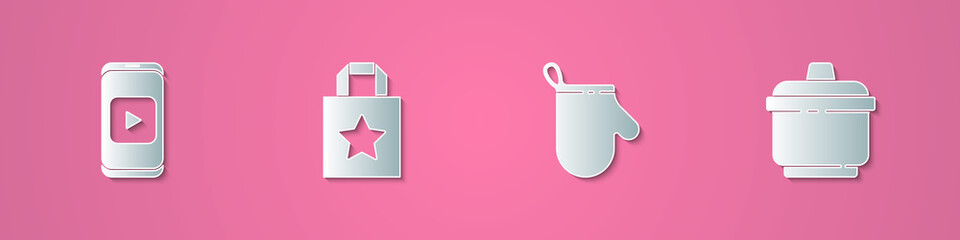 Set paper cut Online play video, Paper shopping bag, Oven glove and Cooking pot icon. Paper art style. Vector