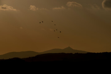 View from Roprachtice village for silhouette of hills of Liberecky area