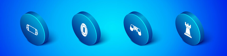 Set Isometric Portable video game console, Gamepad, Business strategy and American Football ball icon. Vector