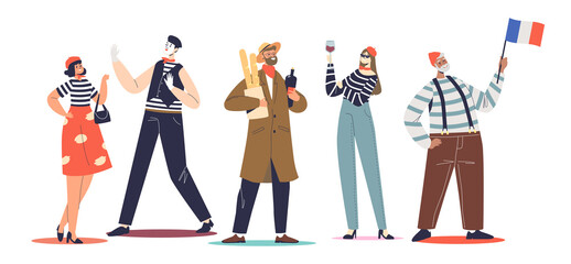 Typical french people set: mimes, women in berets holding baguettes and red wine