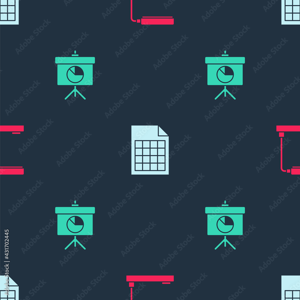 Poster set table lamp, file document and chalkboard with diagram on seamless pattern. vector
