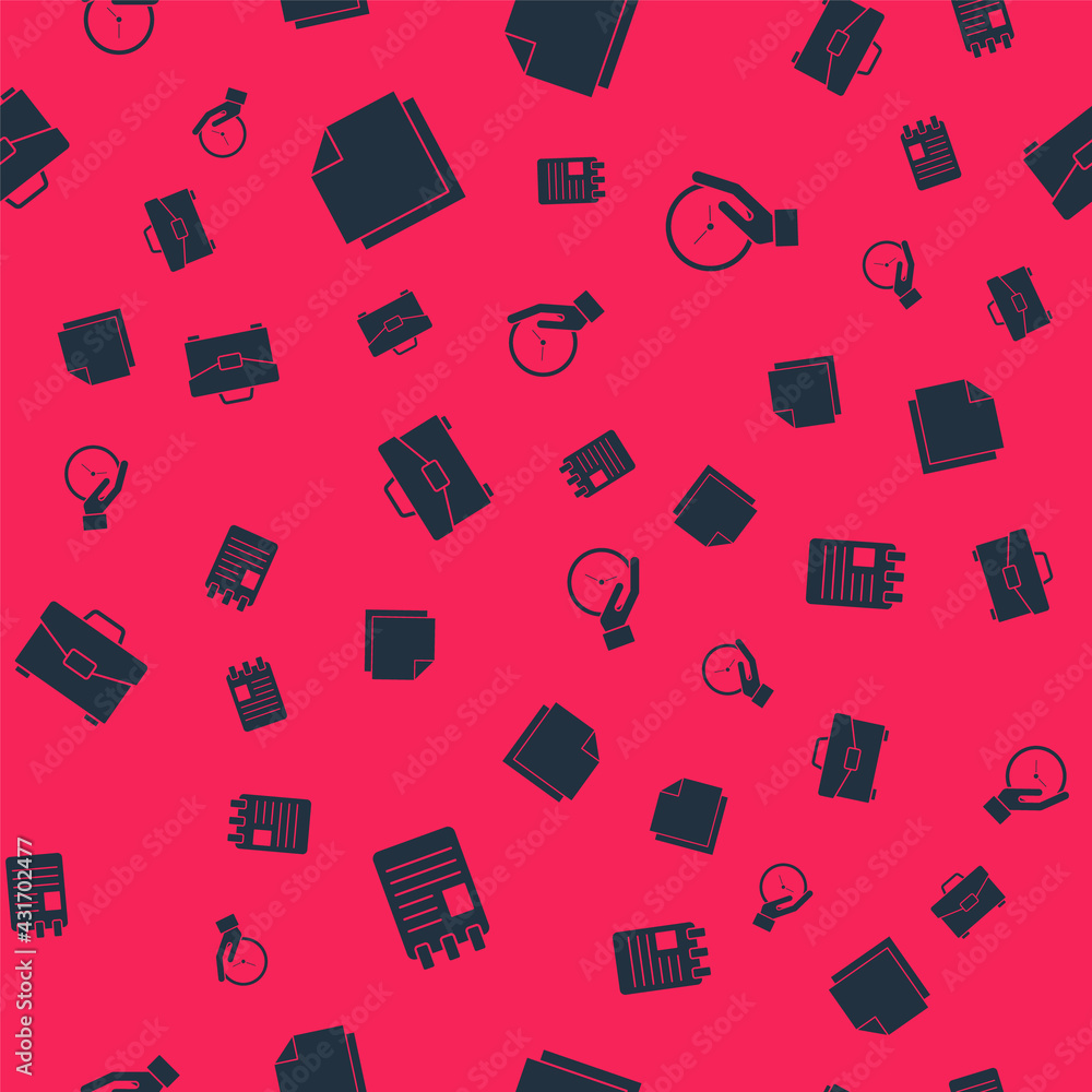 Poster set spiral notebook, post stickers, briefcase and clock on seamless pattern. vector