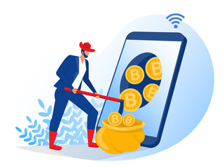 businessman  dig bitcoin coins out of laptop screen, cryptocurrency concept