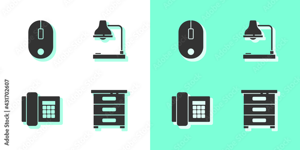 Poster set drawer with documents, computer mouse, telephone and table lamp icon. vector