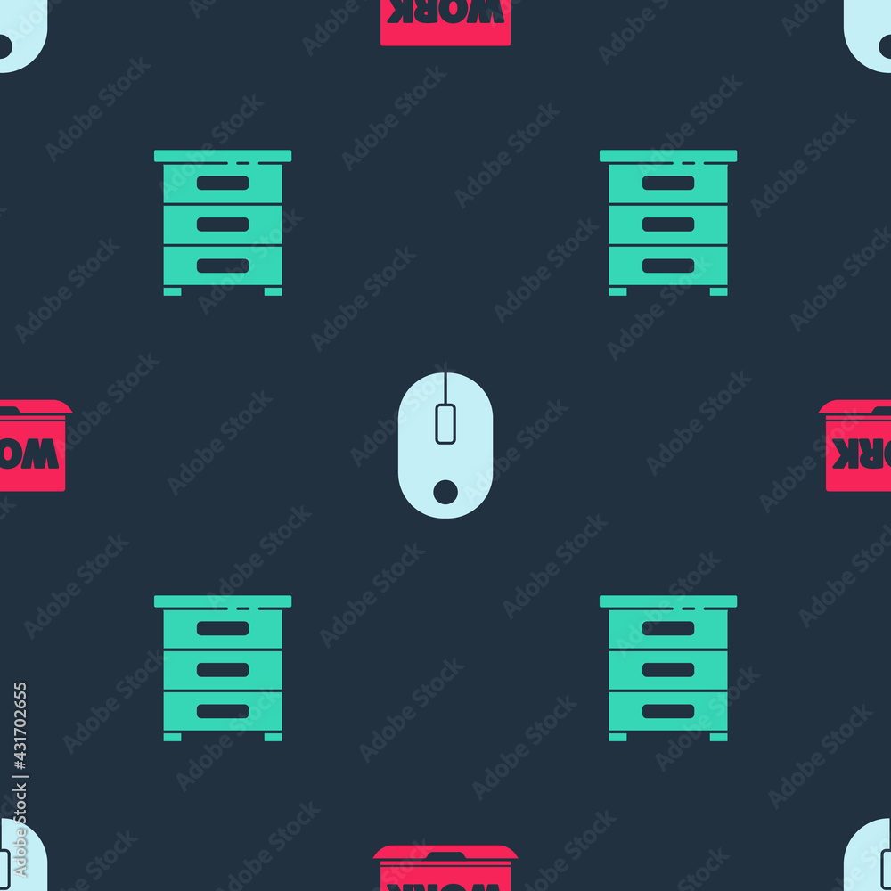 Poster set laptop with text work, computer mouse and drawer documents on seamless pattern. vector