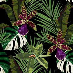 Panele Szklane  Wzór egzotycznych kwiatów. Tropikalne fioletowe zielone kwiaty orchidei i liście palmowe w letni nadruk. Hawajska koszulka i kafelki na stroje kąpielowe. Czarne tło.