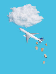 Naklejka na ściany i meble Airplane flies around the clouds and delivering cardboard boxes on blue background. Creative cargo delivery by air concept. Free and fast freight global transportation.