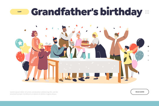 Grandfather birthday concept of landing page with big family gathering for granddad anniversary