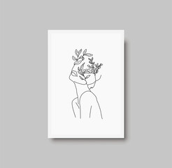 Minimal abstract woman beauty poster. Set of modern woman body line drawing with pastel colors in boho style. Girl portrait, watercolor vector background for card, spa and wall art. Luxury interior