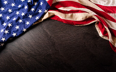 Happy Memorial day, Independence day concept made from american flag on dark stone background.