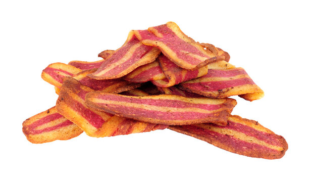 Fried Crispy Meat Free Plant Based Bacon Rashers Isolated On A White Background