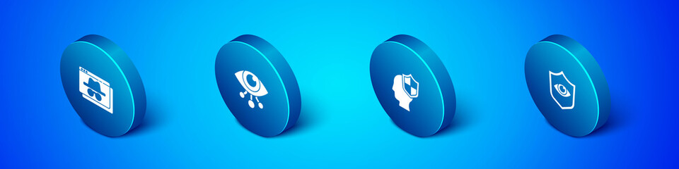 Set Isometric Browser incognito window, Head with shield, Shield and eye and Eye scan icon. Vector