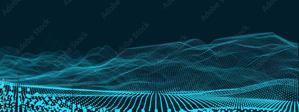 Poster Blue background of points. Data stream communication and technology waves. 3D rendering.