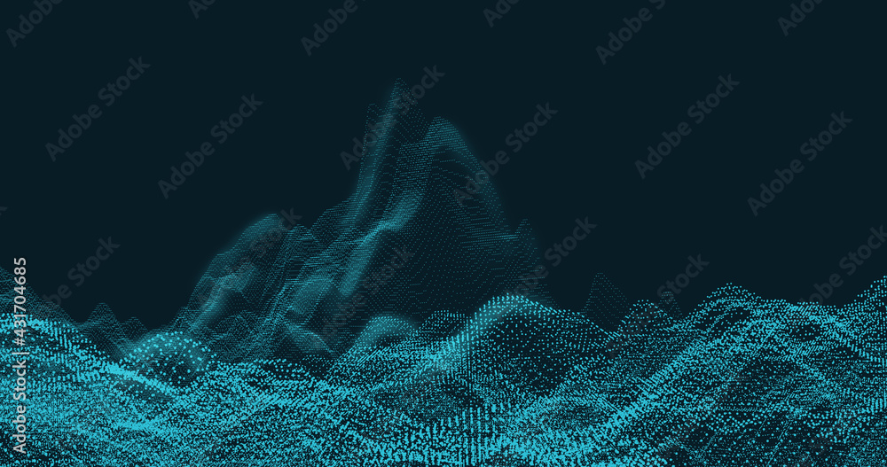 Poster Abstract background with digital data technology and glowing plexus mesh. Big network connection, connected points. Blue background and wallpaper concept. 3D rendering.