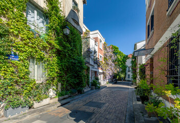 Paris, France - April 26, 2021: The floral city (Cité florale) is a residential area located in the 13th arrondissement of Paris, France. It forms a triangular area with individual houses - obrazy, fototapety, plakaty