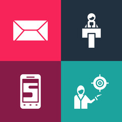 Set pop art Marketing target strategy, Chat messages on phone, Stage stand or tribune and Envelope icon. Vector