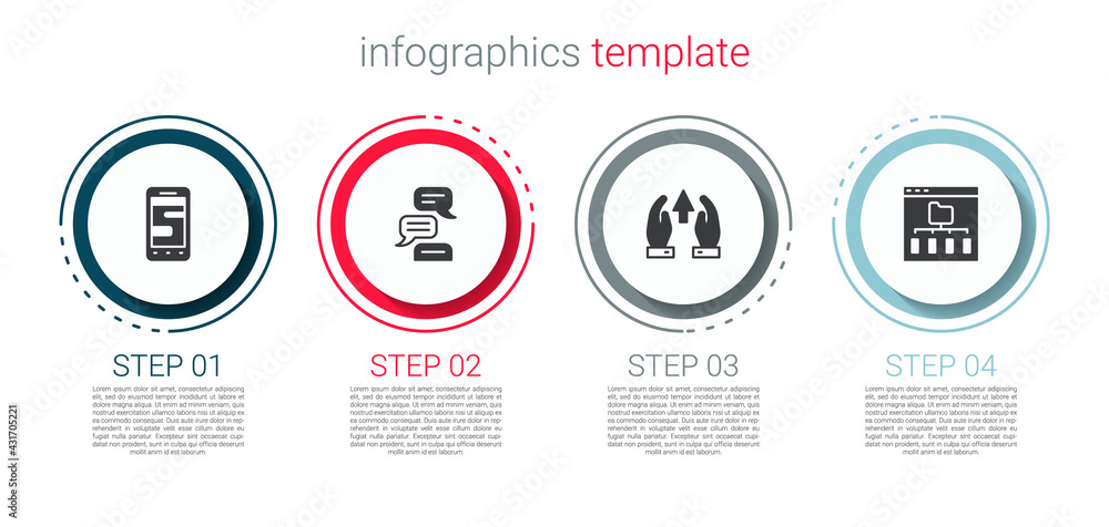 Poster set chat messages on phone, speech bubble chat, growth chart and progress and browser files. busines