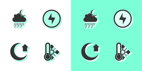 Set Meteorology thermometer, Cloud with rain and moon, Moon and Lightning bolt icon. Vector