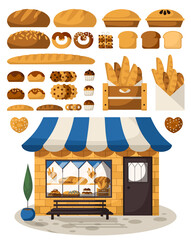 Set of bread products, bakery items, coffee shop elements and bakery showcase. Illustration for a bakery or cafe.