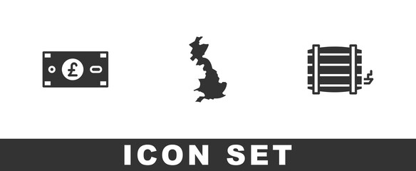 Set Pound sterling money, England map and Wooden barrel icon. Vector