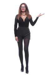 Obraz premium elegant young woman pointing at a white blank screen .