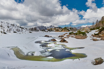 Thawing on the Italian Alps in a mountain lake