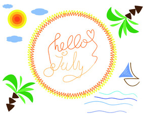 Fototapeta na wymiar Hello july colorful vector simple text