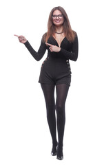 elegant young woman pointing at a white blank screen .