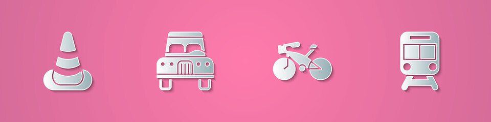 Set paper cut Traffic cone, Car, Bicycle and Train and railway icon. Paper art style. Vector