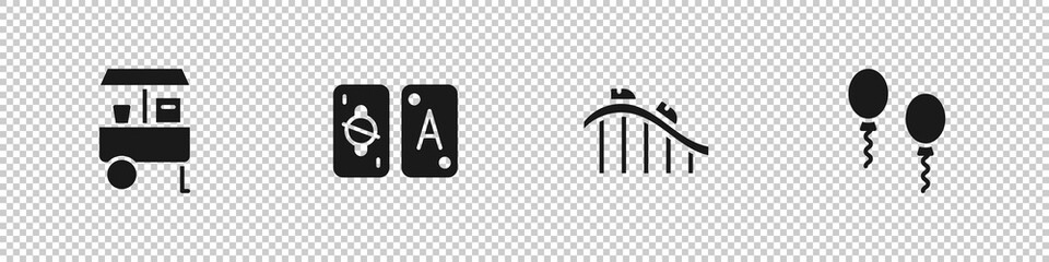 Set Fast street food cart, Tarot cards, Roller coaster and Balloons icon. Vector
