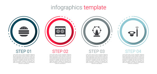 Set Burger, Shooting gallery, Ferris wheel and Magic hat and wand. Business infographic template. Vector