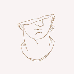 Linear drawings of heads of antique statues of the goddess and mythical god in the engraving style. Creative minimal linear woman vector with growing branch from her head.