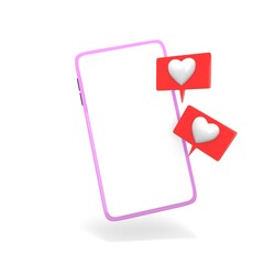 3d illustration of a phone with like icons. Like and heart emoji speech bubble. Social Networks on mobile phone. Gradient design. Pink end red.