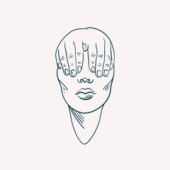 Linear drawings of heads of antique statues of the goddess and mythical god in the engraving style. Creative minimal linear woman vector with growing branch from her head.