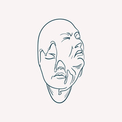 Linear drawings of heads of antique statues of the goddess and mythical god in the engraving style. Creative minimal linear woman vector with growing branch from her head.