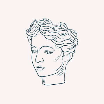 Linear drawings of heads of antique statues of the goddess and mythical god in the engraving style. Creative minimal linear woman vector with growing branch from her head.